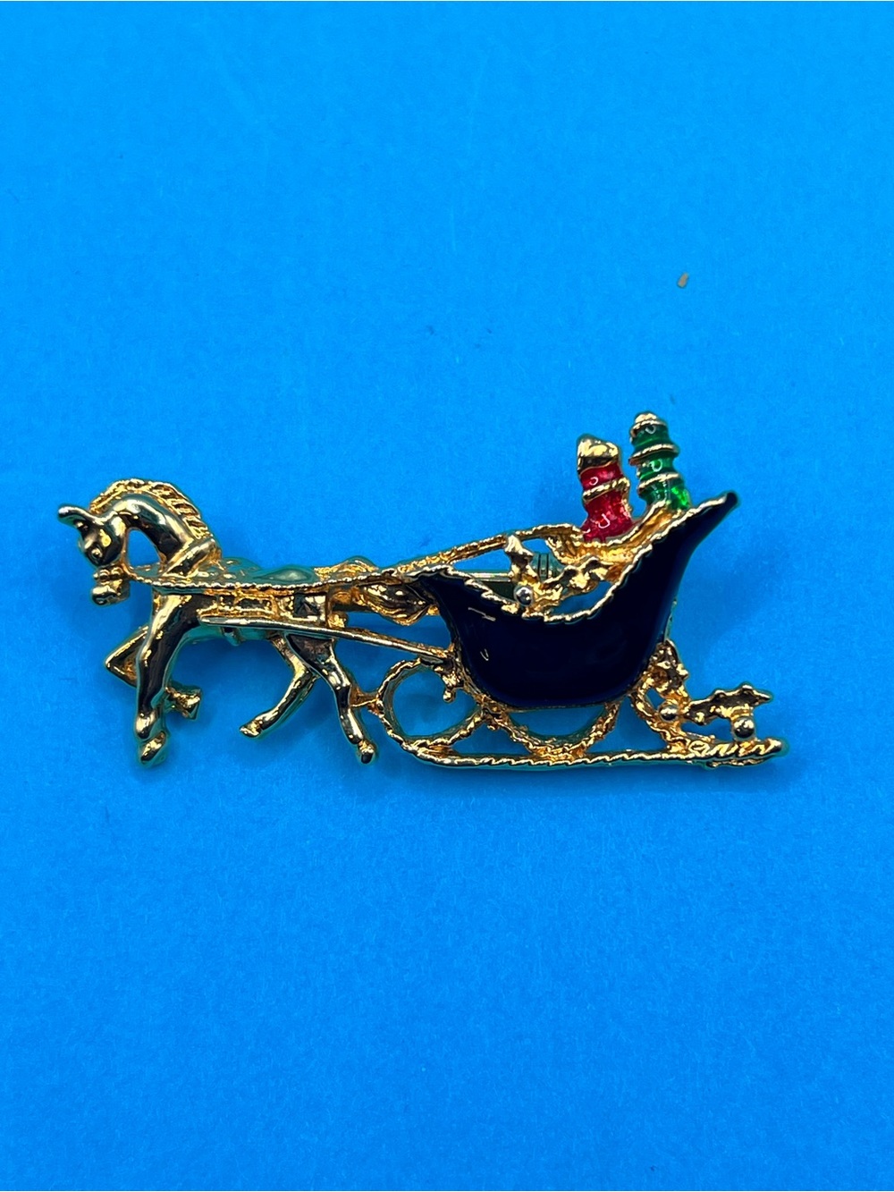 Gold-Tone Horse and Sleigh Enamel Pin - Black, Red & Green